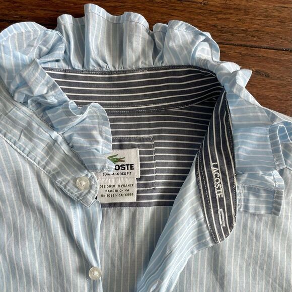 Lacoste UpCycled Handmade Blue Striped Ruffle Collar Button Down Shirt Size XS - Picture 14 of 16